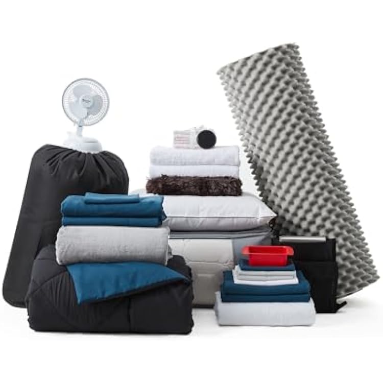 DormCo Fully-Loaded - Twin XL Dorm Bedding  Essentials Package - BlackNightfall Navy Color Set