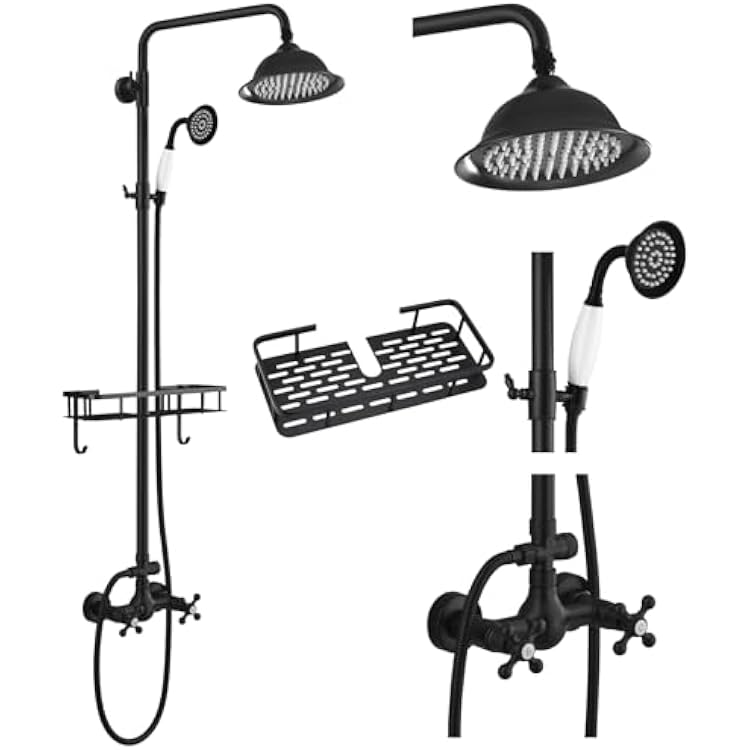 gotonovo Matte Black 8 inch Rainfall Shower Head Dual Functions Wall Mounted Exposed Shower Faucet with Shower Shelf Double Cross Handles With Adjustable Ceramics Handheld Sprayer Shower Shower System