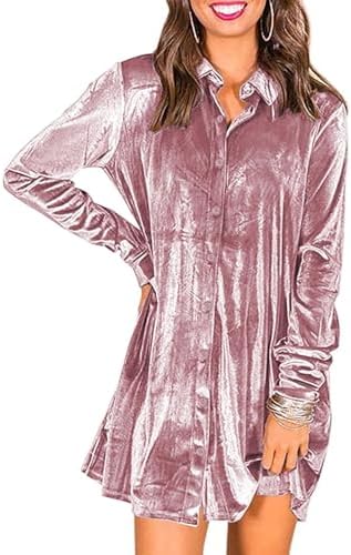 Ivay Womens Spring Button Down Tshirt Dresses Velvet Tunic Dress with Pockets