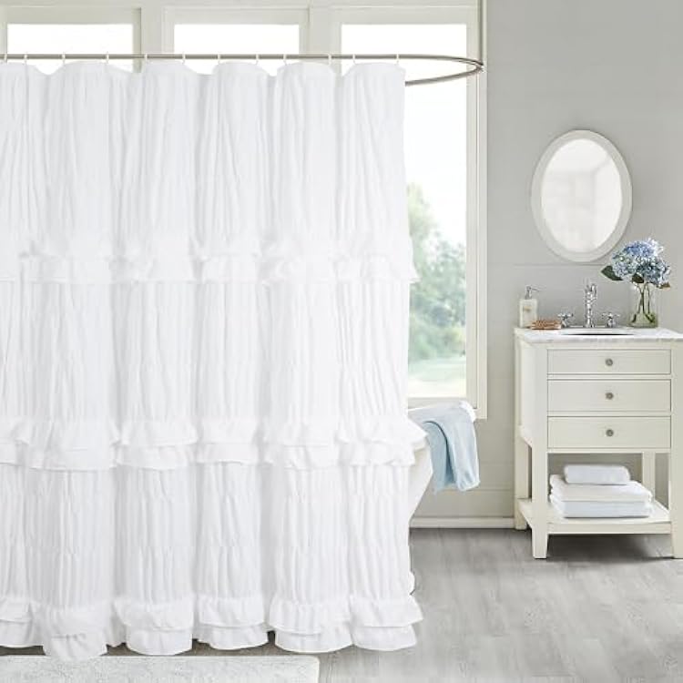 YINFUNG White Ruffle Shower Curtain, Shabby Chic Vintage Bathroom Curtains Victorian Girly Cute Aesthetic Boho Farmhouse French Country Lace Decor 72x72 inches