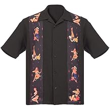 STEADY CLOTHING Men's Multi Pin Up Panel Button Up Bowling Shirt Black 2XL