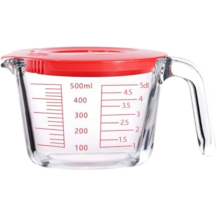 Glass Measuring Cups with Lids Set, Borosilicate Glass V-Shaped Spout Microwave Safe Scales Milk Cup for Cooking Baking Red, 2CUP