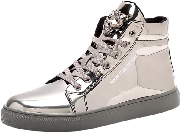 Men Fashion Sneakers for Men High Top Lace-up Shiny Shoes for Motorcycle Metallic Sneakers Sequin