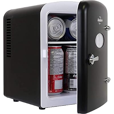 Koolatron Mini Fridge- Black Refrigerator 6 Can Portable Cooler for Bedroom Office Dorm Car Compact Fridge for Drinks Makeup Skincare Dual Power 12V 110V
