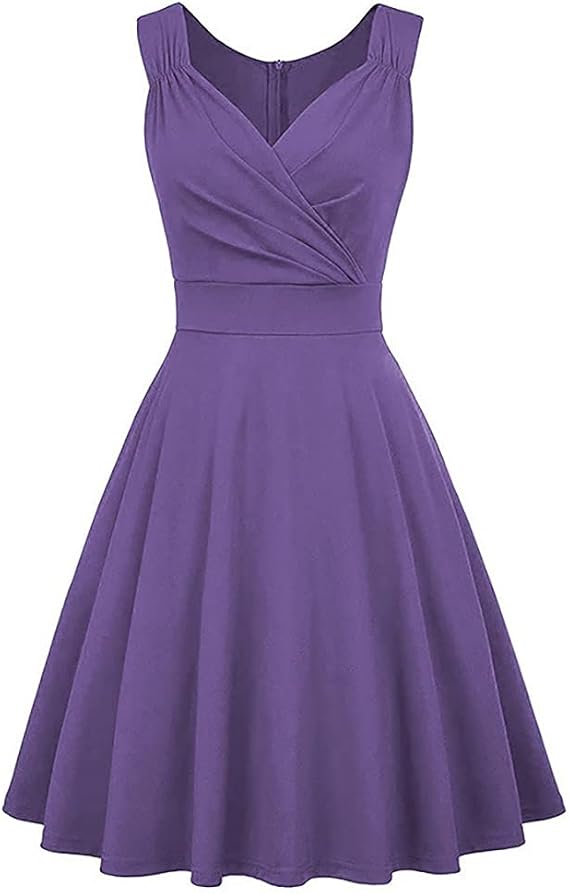 Women 50s 60s Vintage Sleeveless V-Neck Cocktail Swing Dress 1950s Wedding Semi Formal Party Rockabilly Evening Prom Dress