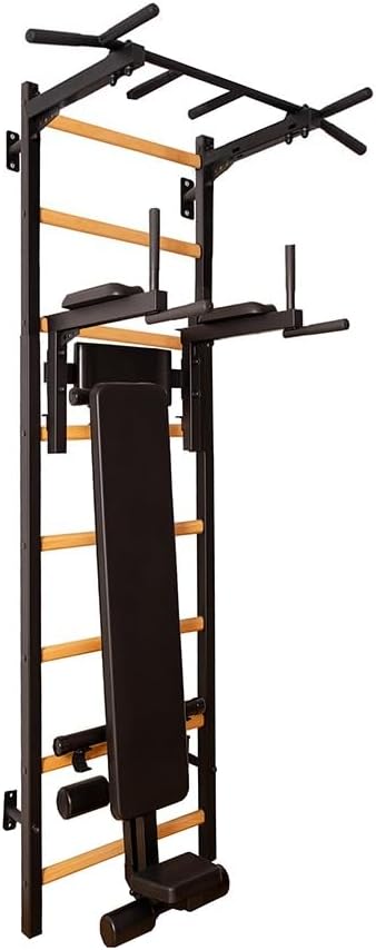 223B Wallbars, Stall Bars, Swedish Ladder, Gymnastic Ladder with Fixed Steel 6-Grip Pull Up Bar, Chin Up Bar, Dip Bar, Dip Station with Polyurethane Back Support and Advanced Workout Bench