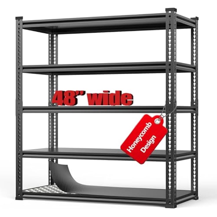 Heavy Duty 5-Tier Garage Shelving 3000lbs 72 Hx48 Wx18.9 D Adjustable Storage Shelf wAnti-Tip Accessories - Easy Assembly, Boltless, Industrial Shelves for WarehouseGarageBasement