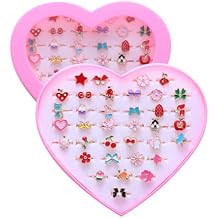 PASEMM 36pcs Little Girl Alloy Jewelry Rings, Adjustable, No Duplication Kids Play Ring in Box,Pretend and Dress Up Rings for 4-12 Year Old Girls Birthday Holiday Gifts, 4 5 6 7 8 9 10 11 12 Year Old Girl Toys for Kids
