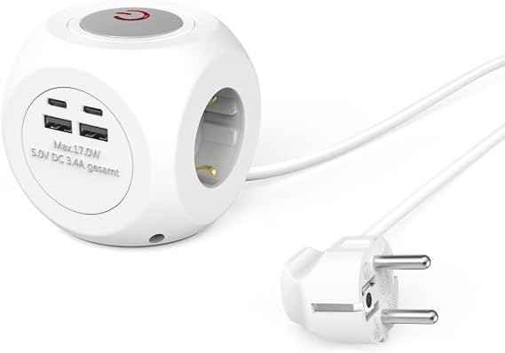 Hama Cube Power Strip with Switch (Extension Cord 1.4 m, 3 Sockets Earth F Schuko + 2 USB-A + 2 USB-C, 3680 W 16 A Ideal for Office, Kitchen, Living Room, Workshop, Garage, PC, Lighting Fixtures, TV