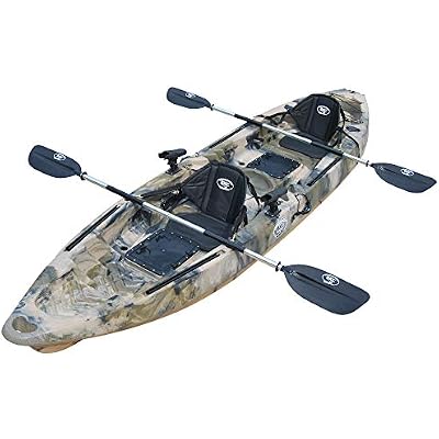 BKC TK122 Angler 12-Foot, 8 inch Tandem 2 or 3 Person Sit On Top Fishing Kayak wSoft Padded Seats and Paddles Green Camo