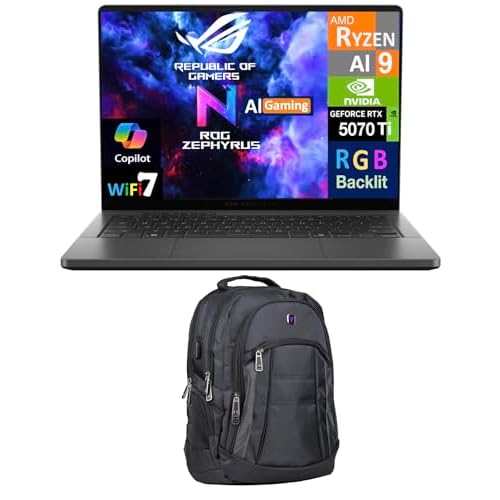 ASUS ROG Zephyrus G14 AI Gaming Laptop 14.0 120Hz 2.8K Display AMD Ryzen AI 9 HX 370, GeForce RTXTM 5070 Ti 12GB, 32GB LPDDR5X, 4TB PCIe SSD, RGB KB, WiFi 7, Webcam, Win 11 Pro wPremium Backpack