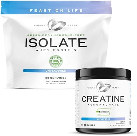 Muscle Feast Isolate + Creatine Bundle: 1 Whey Protein Isolate (Unflavored, 2lb) + 1 Creatine Powder (Unflavored, 300g) | Premium Supplements, Vegetarian, Gluten Free