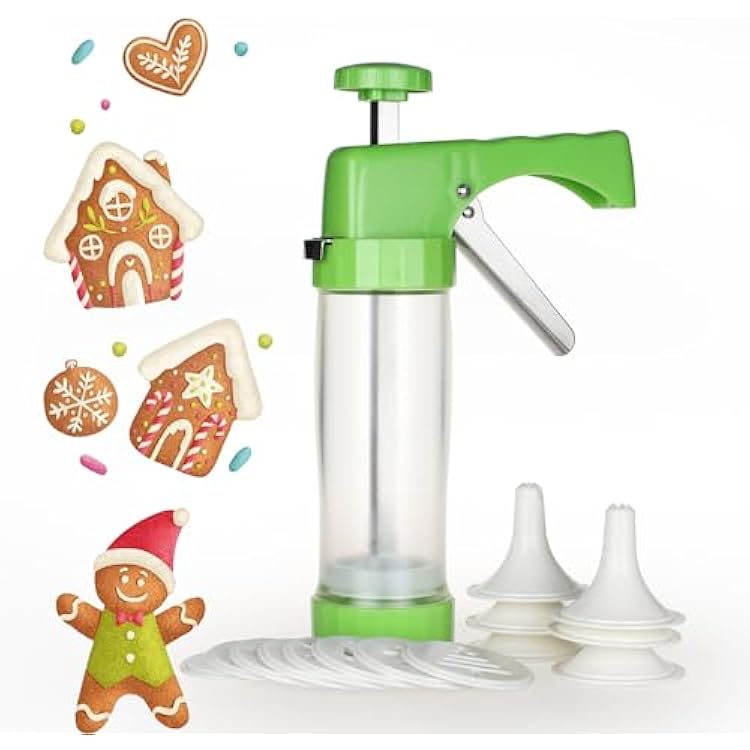 Ourokhome Cookie Press Maker Machine - Icing Gun Kit with 16 Discs and 6 Decoration Tips for Home DIY Green