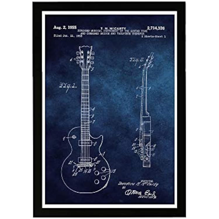 Guitar Framed Wall Art Painting Photography Patent Print Gibson Les Paul guitar 1955 Chalkboard Band Room Home Decor Gifts for Musicians, Blueprint, 13x19, Blue, White