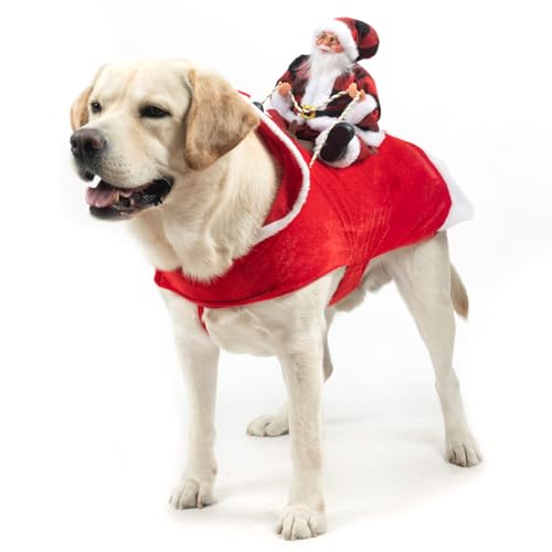 BINGPET Santa Claus Dog Costume, Classic Velvet Plaid Christmas Outfit - Riding Reindeer Costume for Medium to XL Pets -Large