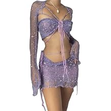 Crochet Knit Sweater Sexy Lingerie Sets Rave Outfits Women Mini Skirt Sparkly Sequin Swim Cover Up