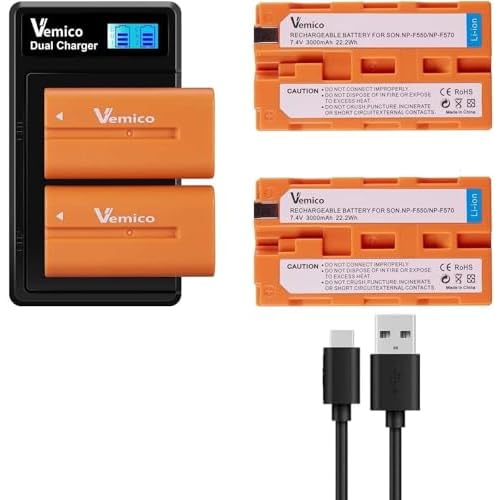 Vemico NP-F550 Battery Charger Kit with 3000mah F570 Batteries 2 Pack, 2-Slot USB-C Charger for NP F970F960F750F570F530F33