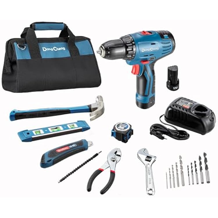 DongCheng 12V Max Cordless Drill Driver 38Keyless Chuck 266 in.lbs Power Drill Set, 0-4000-1500 RPM with 46Pcs Home Project Hand Tools and Bits Kit,DCJZ10-10
