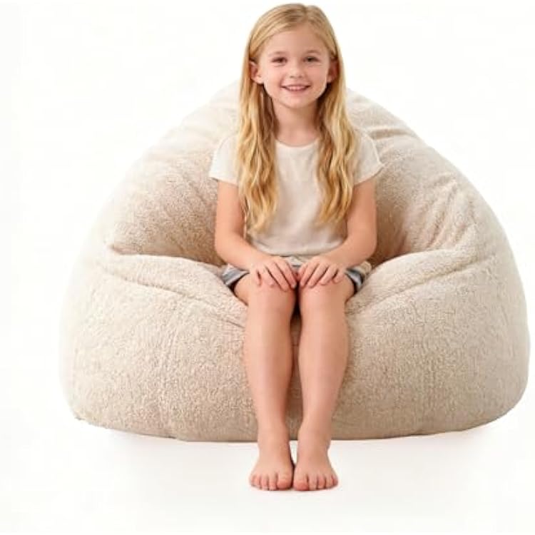 Bean Bag Chair Memory Foam Filled Kids Chairs Toddler Soft Sherpa Beanbag Chair Couch for Girls and Boys Adult Pets DogsCats Lazy Beds S Light Cream