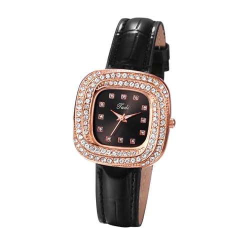 JewelryWe Women Leather Wrist Watch: Square Ladies Elegant Cubic Zirconia Dial Analog Quartz Watches Female Dress Patterned Strap Rhinestone Wristwatch for Valentines Day