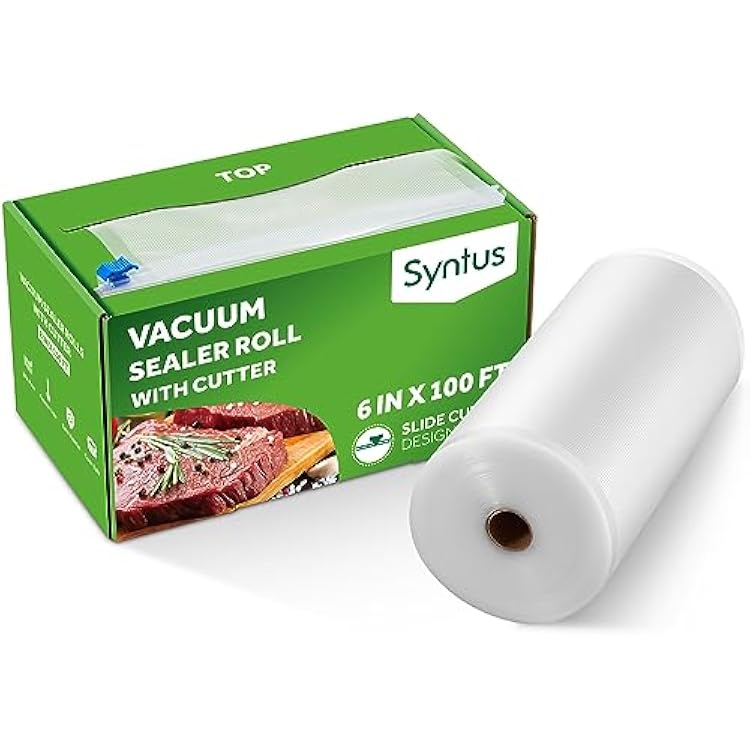 Syntus 6 x 100 Food Vacuum Seal Roll Keeper with Cutter Dispenser, Commercial Grade Vacuum Sealer Bag Rolls, BPA Free Food Vac Bags, Ideal for Storage, Meal Prep and Sous Vide