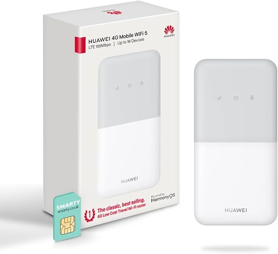 Huawei E5586, CAT 4, Portable 4G Low Cost Travel Wi-Fi, Roams on all World Networks, Genuine Stock, with FREE SMARTY SIM- White