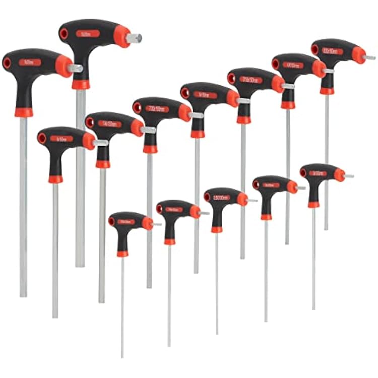 Built Industrial 14 Piece T Handle Allen Wrench Set, 7 Imperial and 7 Metric Hex Key Set Red and Black