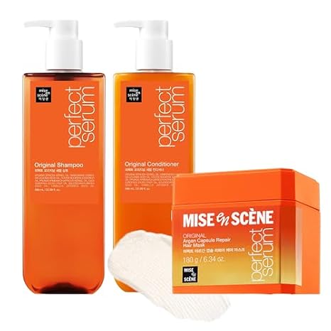 Mise En Scene Perfect Serum TRIO - Original Shampoo Conditioner Hairmasks | Protein Hair Mask Argan Capsule for Damaged Hair | Deep Conditioning for Dry and Frizzy Hair