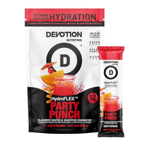 Devotion Nutrition HydroFLEX Water Flavoring Packets Sugar-Free Hydration with Vitamins & Electrolytes Dye-Free, Gluten-Free Party Punch 12-Pack Drink Mix