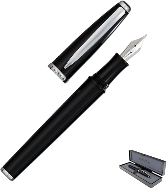 Monteverde USA Aldo Domani Fountain Pen Black Fine Nib Free Ink Bottle, Converter & Cartridges Smooth JoWo German Nib Elegant Gift Pen in Luxury Box