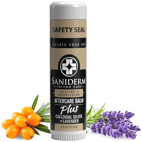 Saniderm Tattoo Aftercare Balm PLUS Small 0.6 oz Petroleum Free, Organic Tattoo Moisturizer Infused with Colloidal Silver, Lavender Oil, and Other Natural Ingredients