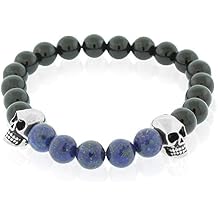 Stainless Steel Black Beads Silver-Tone Skulls Mens Stretch Bracelet, 8"