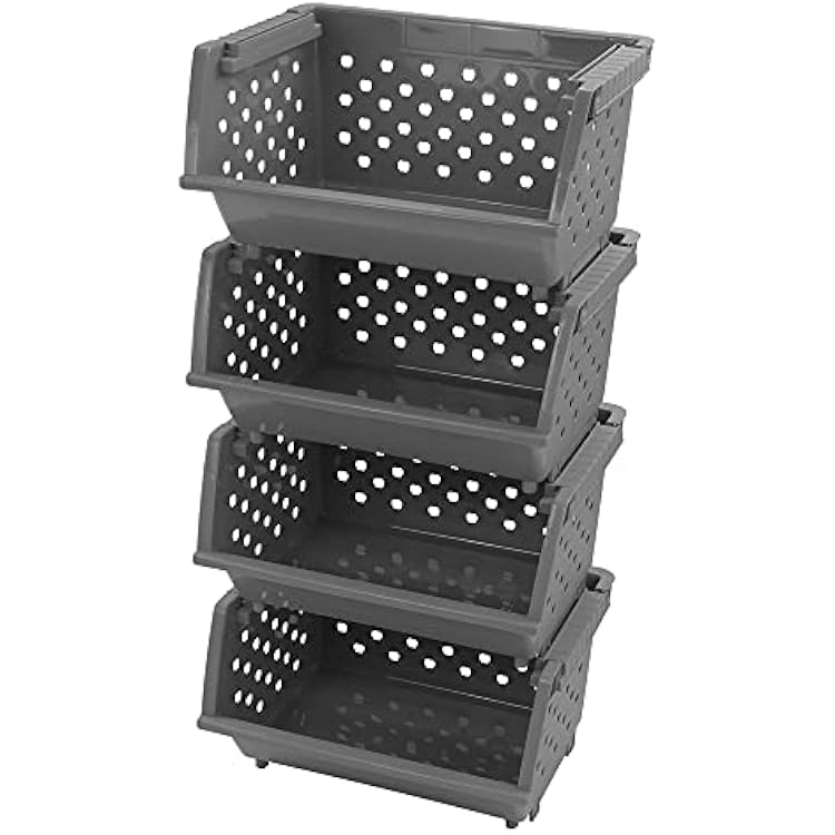 4-Pack Large Plastic Stackable Storage Basket, Plastic Kitchen Stacking Baskets, Grey