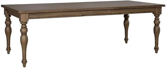 BOWERY HILL Contemporary Farmhouse Rectangular Dining Table, 30''Hx42''Wx90''D, Poplar Solids and White Oak Veneers, Wire Brushed Dusty Taupe Finish, Self-Storing Leaf, Heavy Turned Legs, Beaded