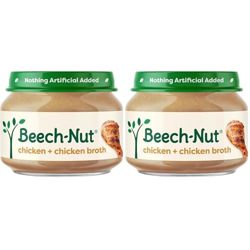Beech-Nut Meat Baby Food Jars,Chicken & Chicken Broth Puree,7g Protein,Stage 1 Baby Food for Babies 4 Months and Up,2.5oz Glass Jars,10ct,Pack of 2