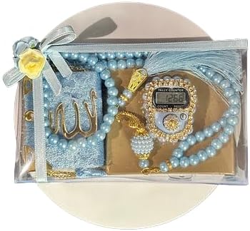 Mini Quran Book and Misbaha Gift Set | Tasbeeh Counter, Prayer Beads Acetate Box Gifts for Men, Women, Kids, Girls, Boys Allah Muslim Ramadan Prayer