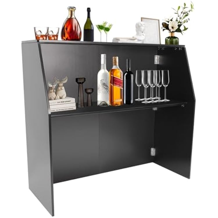 Foldable Bar Cabinet, Portable Event Bar Table wTop and Middle Shelves Commerical Grade Mobile Bartender Station Foldable Bar for Parties, 47.75L x19.5W x42.75H Black