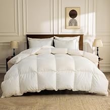 BPC Organic Feather Down Comforter Oversized Queen, Hotel-Luxury Fluffy Duvet Insert with 100% Cotton Cover and Puffy Feather Down Filling for All-Season, Ivory White, 98x98 Inches