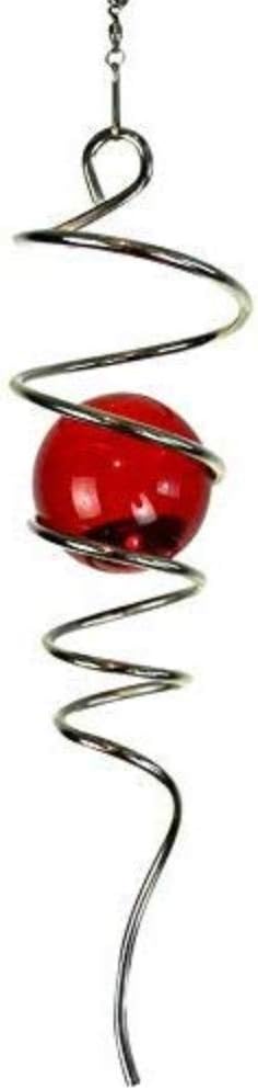 FONMY Gazing Ball Stainless Steel Spiral Tail-Decorative Wind Spinner, with Hanging Swivel Hook, Indoor Outdoor Decoration Silver Red -13 inch Height
