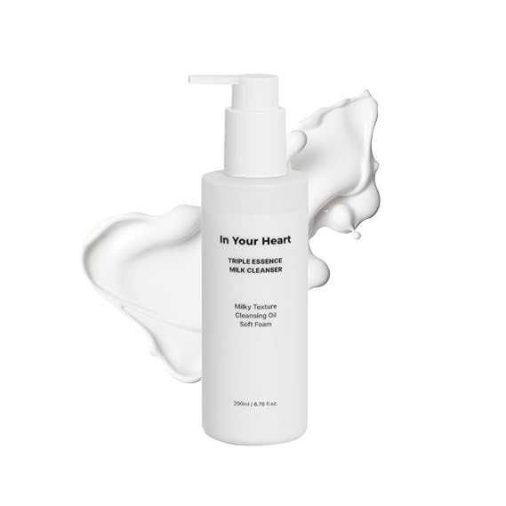 In Your Heart Triple Essence Milk Cleanser 3-in-1 Milky to Oil to Foam Cleanser & Makeup Remover | Hyaluronic Acid, Galactomyces, Chamomile | Korean Skincare, 200ml / 6.76 fl oz