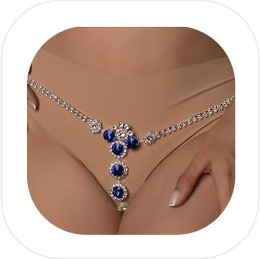 Sexy Sparkly Blue Crystal Thong Panties Jewelry Summer Red Heart Crystal Chain Thong Adjustable Bikini Rhinestone G String Thong Festival Rave Waist Belly Body Chain Jewelry for Women