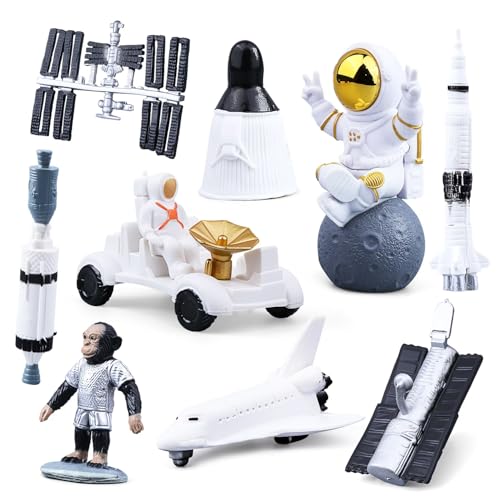 Astronaut Figures Set, Cute Mini Space Theme with Spaceman, Spaceship, Car, Rockets, Satellites for Desktop Kids Birthday Cake Decorations Party Favors