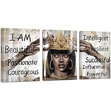 HOMEOART African American Wall Art Black Queen with Golden Crown Inspirational Motivational Painting Canvas Print Black Girl Bedroom Decor Living Room Decor Framed (12"x16"x3 Panels)