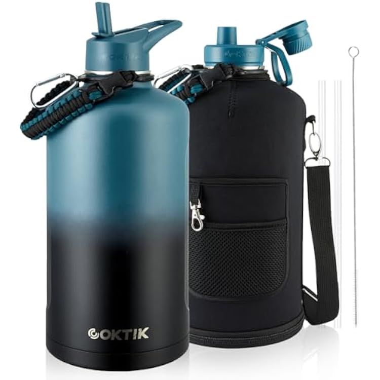 COKTIK 128oz Insulated Water Bottle - Stainless Steel Vacuum Metal, Portable 1 Gallon Large-Capacity Sports Bottle with Straw, Carry Bag and Handle Strap, Ideal for Gym & HikingDark Night