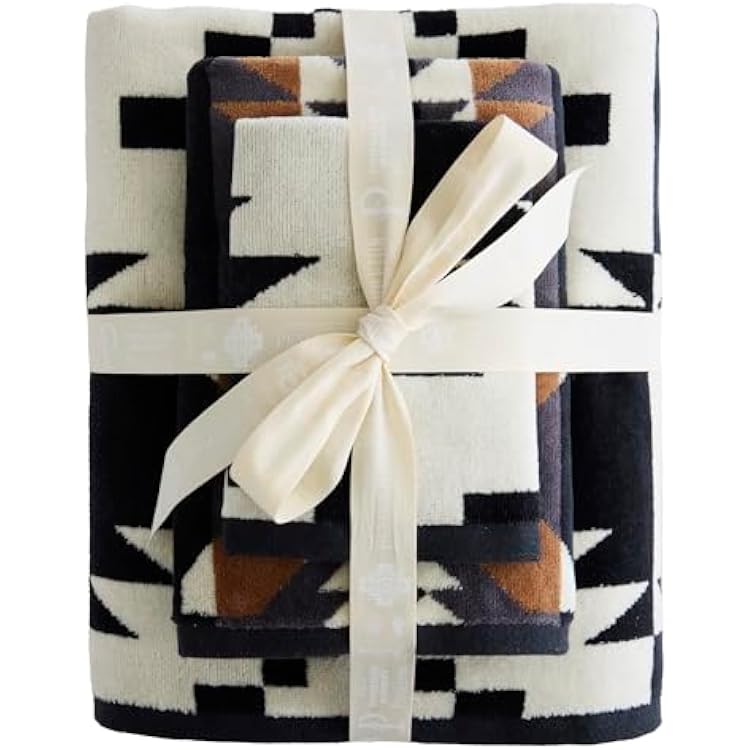 Pendleton 3 Piece Bath Towel Set - Bath, Hand, and Washcloth, 100% Cotton Shower Towels, Soft and Highly Absorbent, Quick Dry, Fade Resistant for Bathroom, Hotel and Spa - Spider Rock Black/White