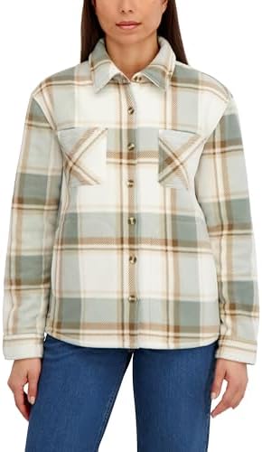 HFX Women's Plaid Fleece Jacket Button Down, Bonded Plush Sherpa Lined Shirt Jacket, Cozy Fit, Soft Hand Pockets