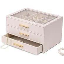 VLANDO Jewelry Box for Women, Glass Lid Jewelry Organizer with 3 Drawers for Necklaces Rings Earrings Bracelets Mother Day Gift for Mom - Cloud White