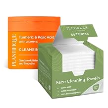PLANTIFIQUE Kojic Acid and Turmeric Cleansing Pads 60 & Disposable Face Towels XL 10"x12" - 100% Biodegradable