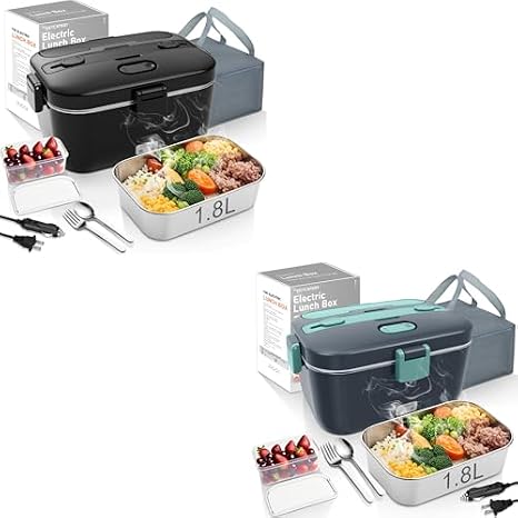 COZYEXPERT Electric-Lunch-Box-Heated-Food-Warmer 100W Heating Lunchbox for Adults 1.8L Portable Food Heater for Work/Car, 12V/24V/110-230V Lonchera Electrica Portatil, (Black + Gray Green)