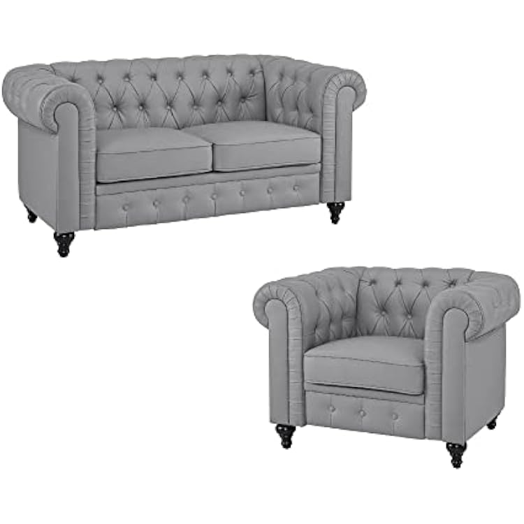 Naomi Home Emery Chesterfield Love Seat Loveseat Sofa & Accent Chair with Rolled Arms Tufted Cushions Solid Wooden Legs Deep Seating Comfy Bedroom, Living Room Reading ChairTool-Free Assembly Gray